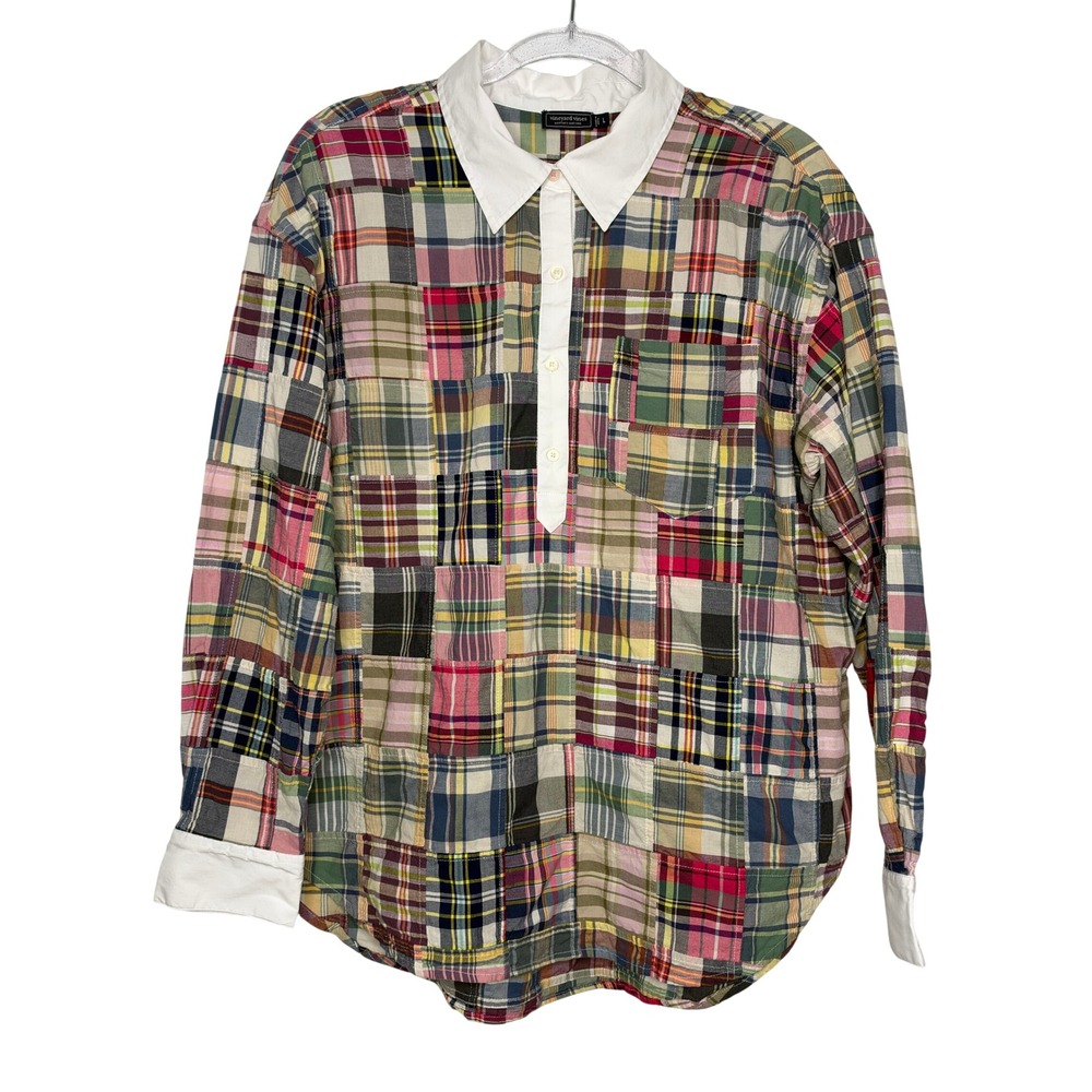 Vineyard Vines Birdie Patchwork Plaid Top Large Long Sleeve Madras Preppy Cotton